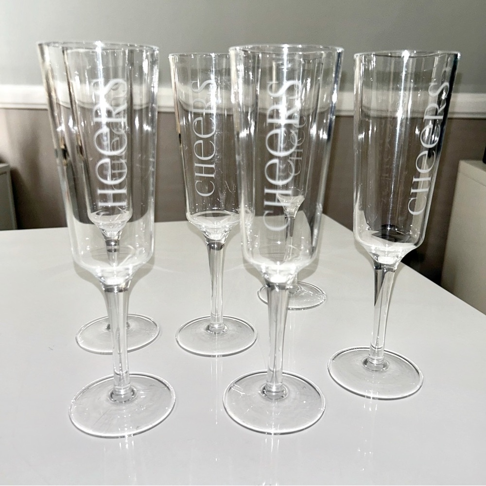 6 Champagne Flutes Acrylic “Cheers” Bachelorette Bridal Shower Party Graduation